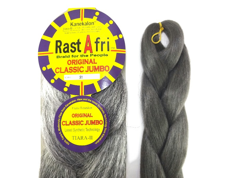 Image: RastAfri Original Classic Jumbo kk jumbo braid in 51 Grey on the left, Festival Braid in Slate Grey on the right