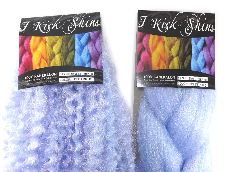 Image: IKS marley braid in Periwinkle Purple on the left, IKS kk jumbo braid in Periwinkle Purple on the right